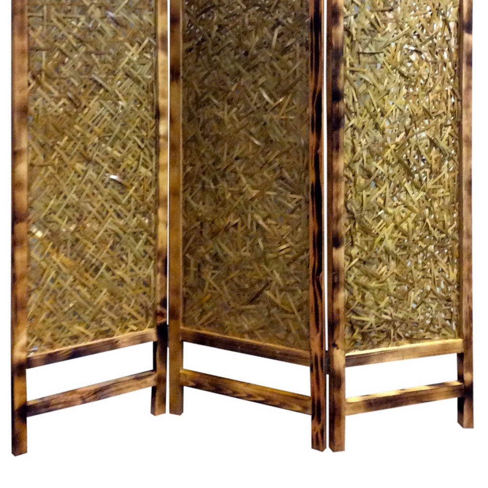 3 Panel Traditional Foldable Screen with Entwine Bamboo Design, Brown - BM205390