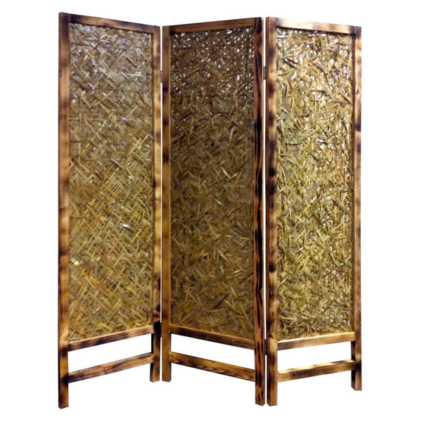 3 Panel Traditional Foldable Screen with Entwine Bamboo Design, Brown - BM205390