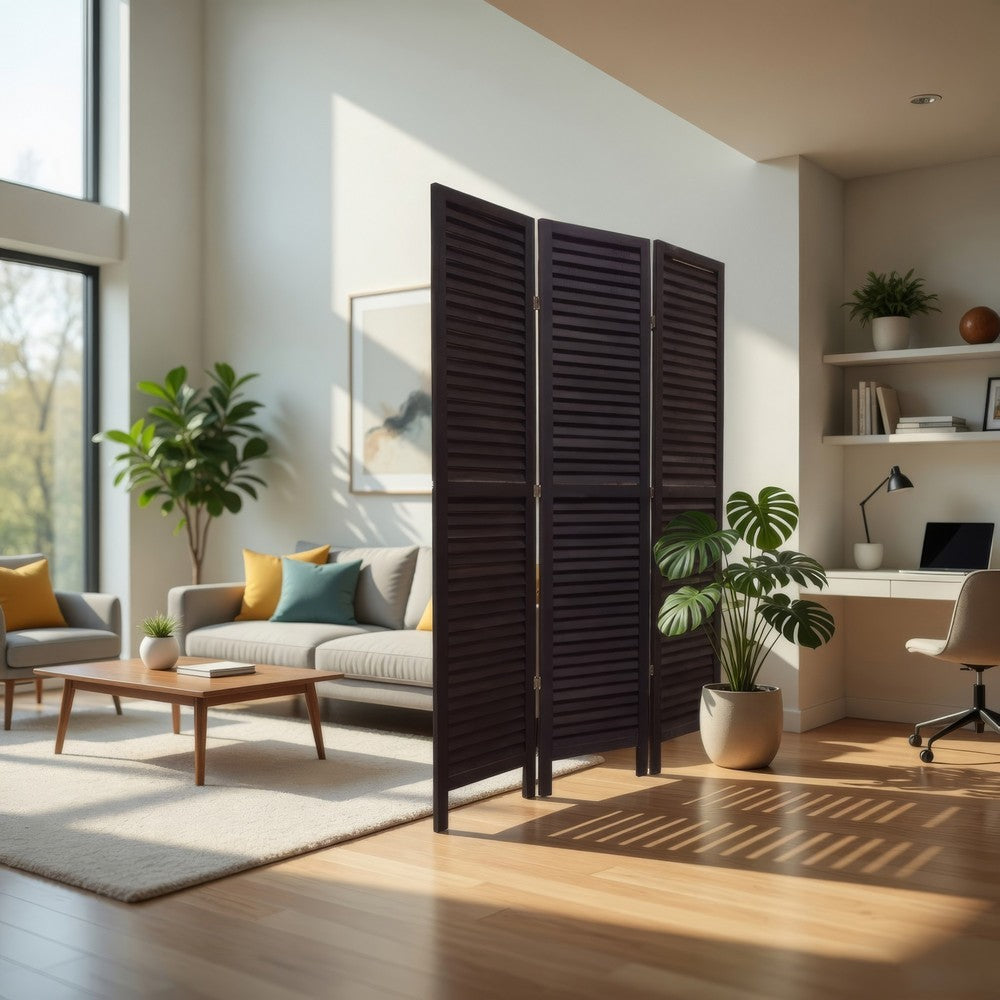 3 Panel Foldable Wooden Shutter Screen with Straight Legs, Black - BM205392