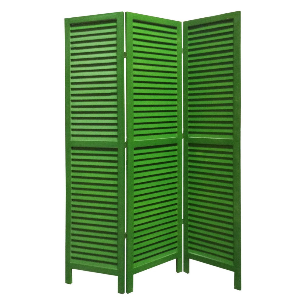 3 Panel Foldable Wooden Shutter Screen with Straight Legs, Green - BM205394