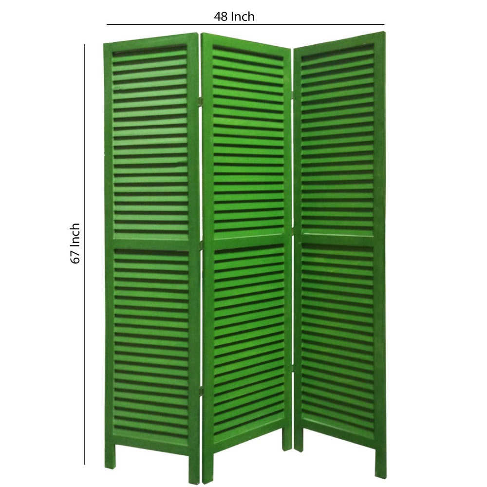 3 Panel Foldable Wooden Shutter Screen with Straight Legs, Green - BM205394