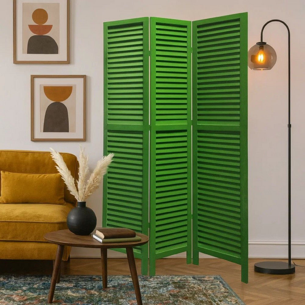 3 Panel Foldable Wooden Shutter Screen with Straight Legs, Green - BM205394