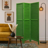 3 Panel Foldable Wooden Shutter Screen with Straight Legs, Green - BM205394