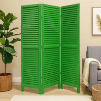 3 Panel Foldable Wooden Shutter Screen with Straight Legs, Green - BM205394