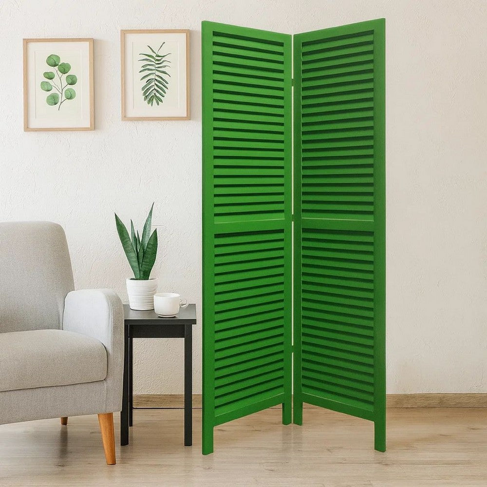 3 Panel Foldable Wooden Shutter Screen with Straight Legs, Green - BM205394