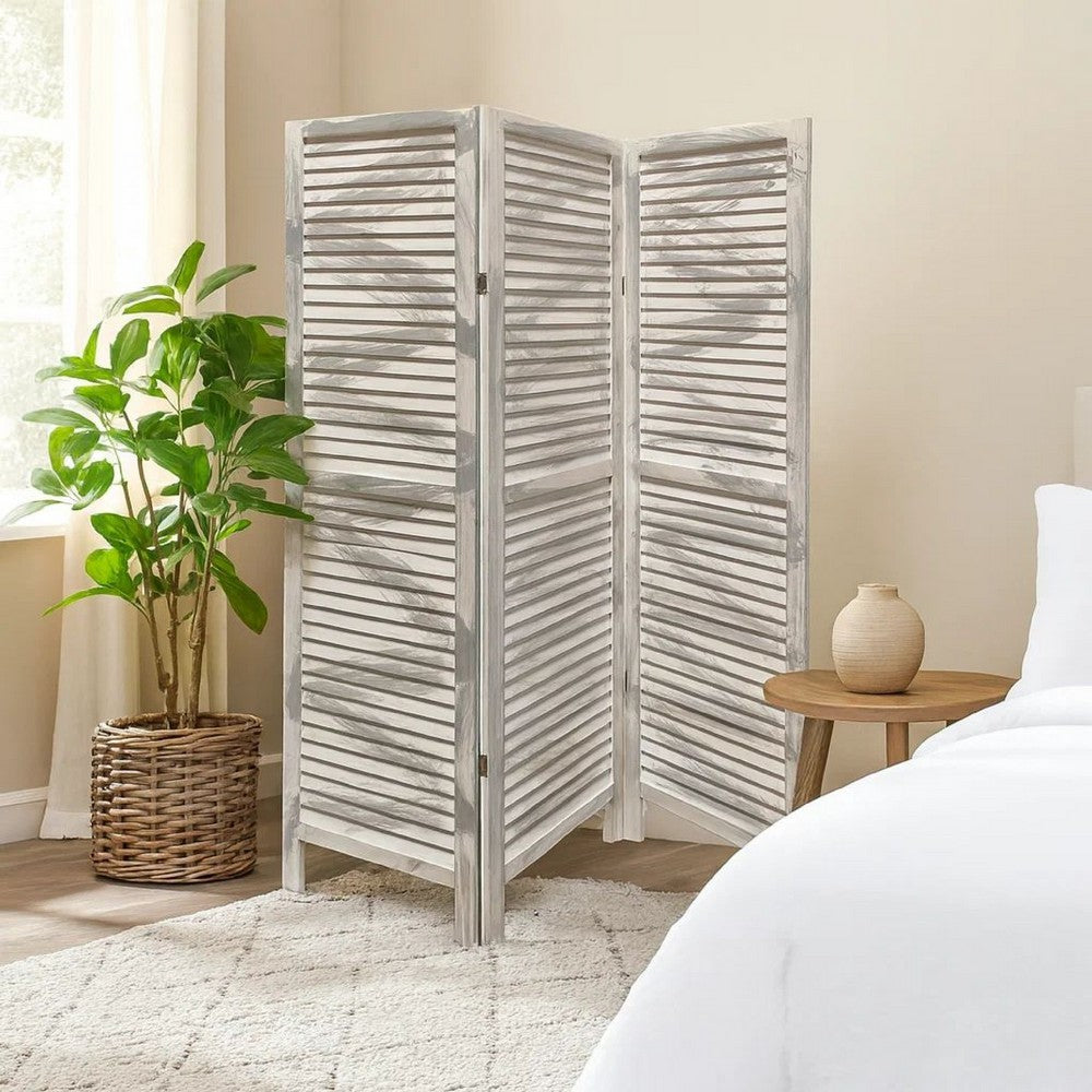 3 Panel Foldable Wooden Shutter Screen with Straight Legs, Gray - BM205395
