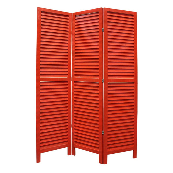 3 Panel Foldable Wooden Shutter Screen with Straight Legs, Red - BM205396