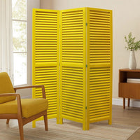 3 Panel Foldable Wooden Shutter Screen with Straight Legs, Yellow - BM205397