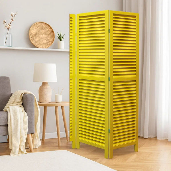 3 Panel Foldable Wooden Shutter Screen with Straight Legs, Yellow - BM205397