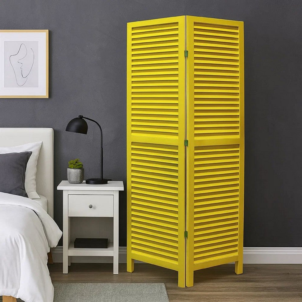 3 Panel Foldable Wooden Shutter Screen with Straight Legs, Yellow - BM205397