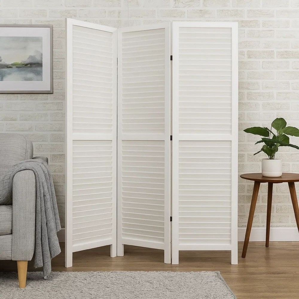 3 Panel Foldable Wooden Shutter Screen with Straight Legs, White - BM205398