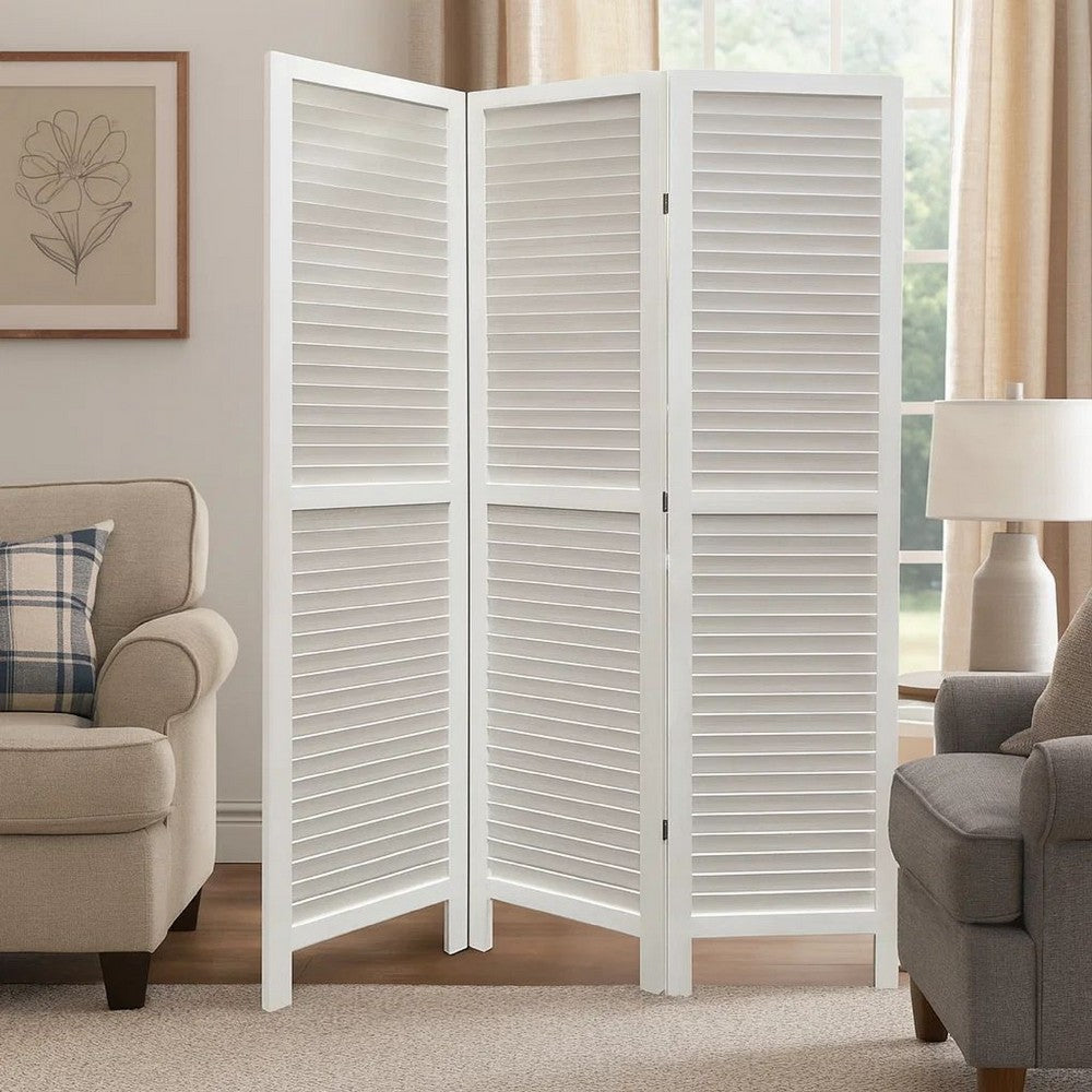 3 Panel Foldable Wooden Shutter Screen with Straight Legs, White - BM205398