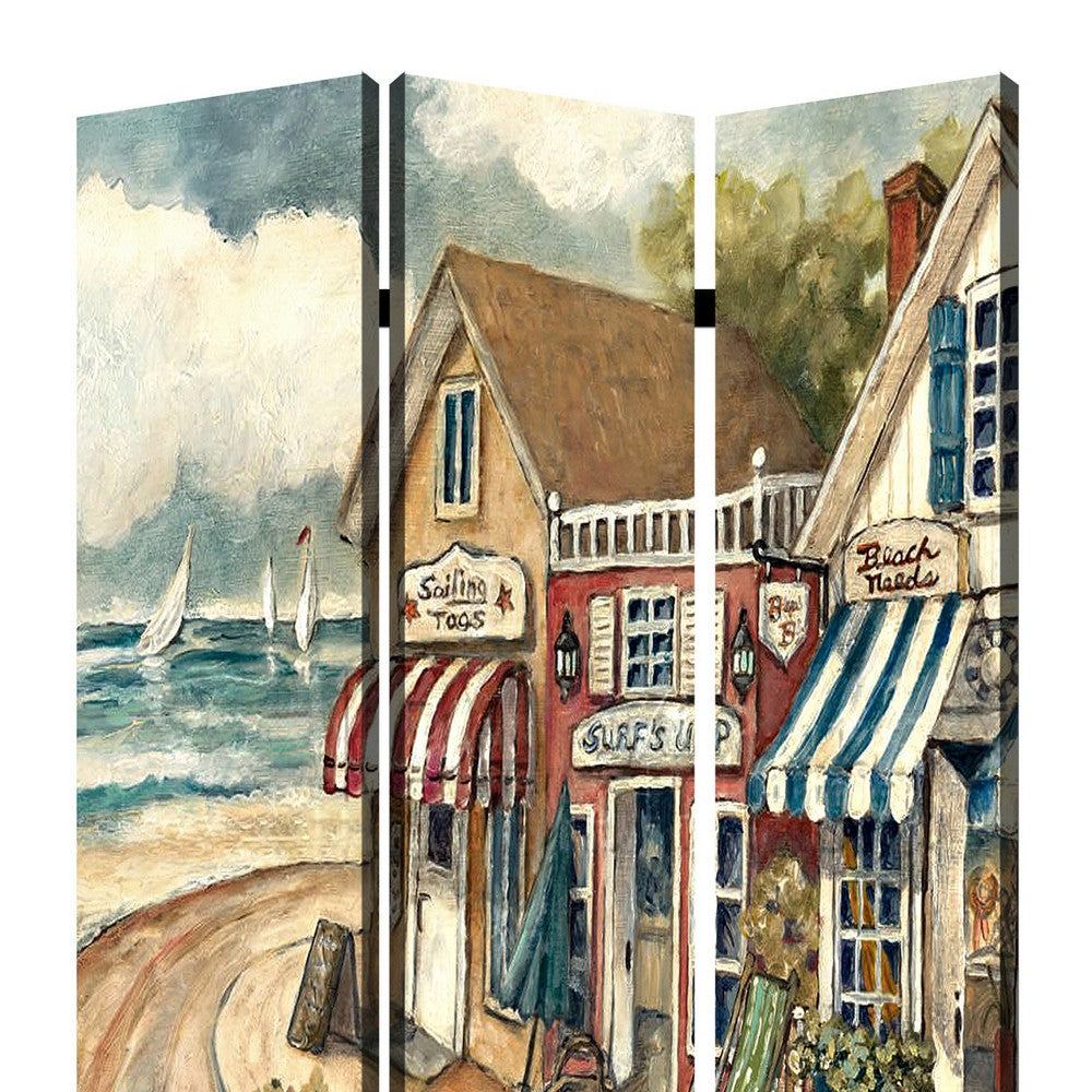 Foldable 3 Panel Canvas Screen with Seaside Town Print, Multicolor - BM205404