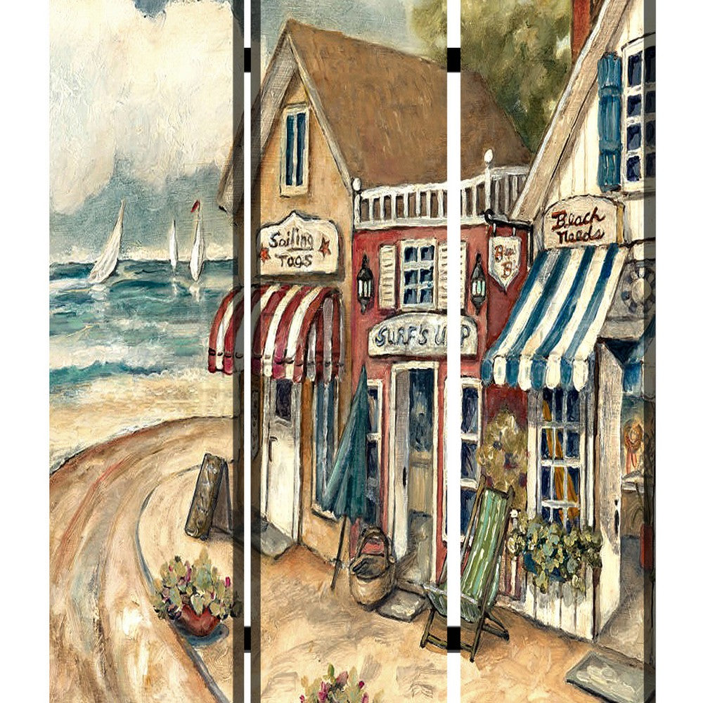 Foldable 3 Panel Canvas Screen with Seaside Town Print, Multicolor - BM205404