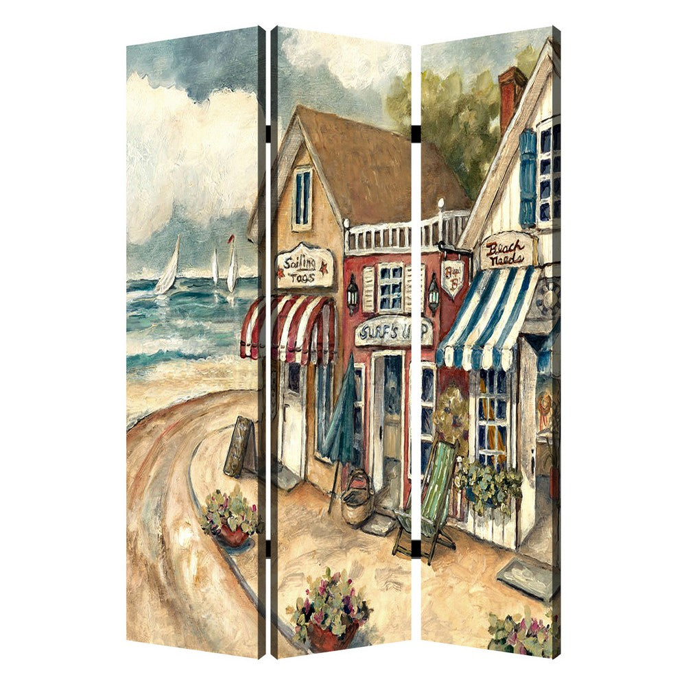 Foldable 3 Panel Canvas Screen with Seaside Town Print, Multicolor - BM205404