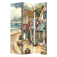 Foldable 3 Panel Canvas Screen with Seaside Town Print, Multicolor - BM205404