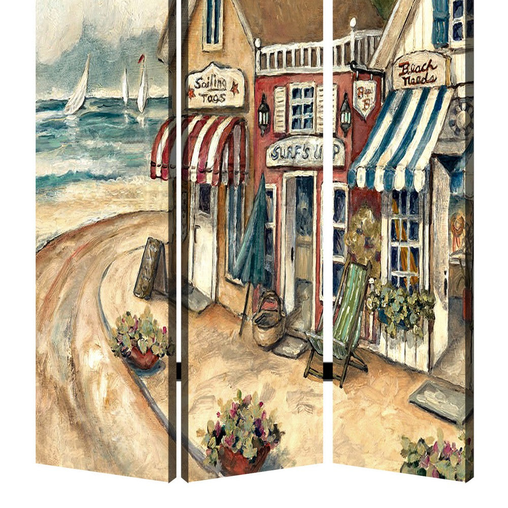 Foldable 3 Panel Canvas Screen with Seaside Town Print, Multicolor - BM205404