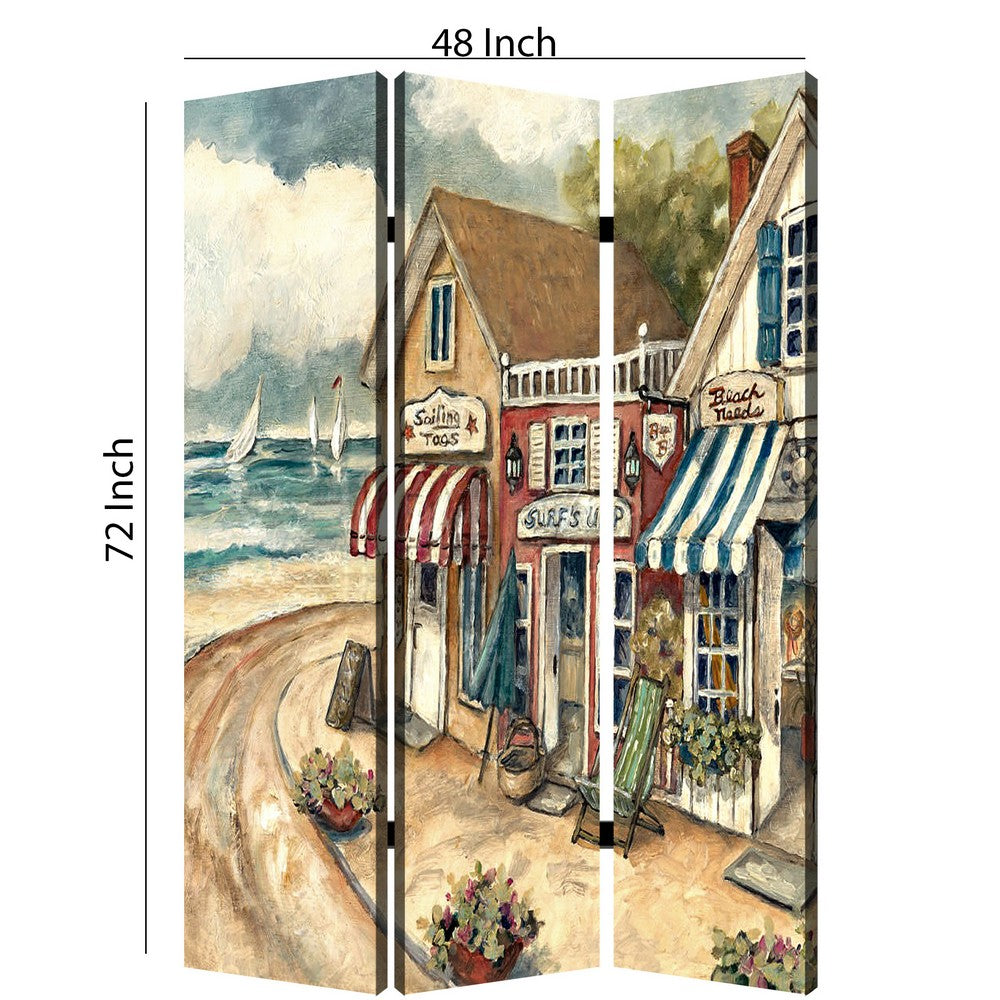 Foldable 3 Panel Canvas Screen with Seaside Town Print, Multicolor - BM205404