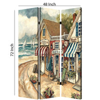 Foldable 3 Panel Canvas Screen with Seaside Town Print, Multicolor - BM205404
