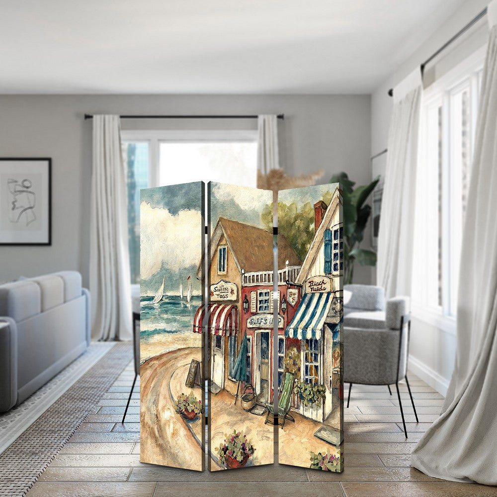 Foldable 3 Panel Canvas Screen with Seaside Town Print, Multicolor - BM205404