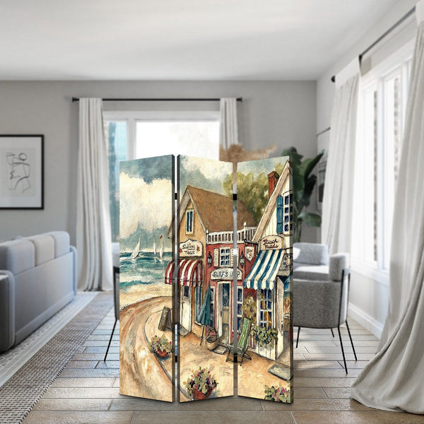 Foldable 3 Panel Canvas Screen with Seaside Town Print, Multicolor - BM205404