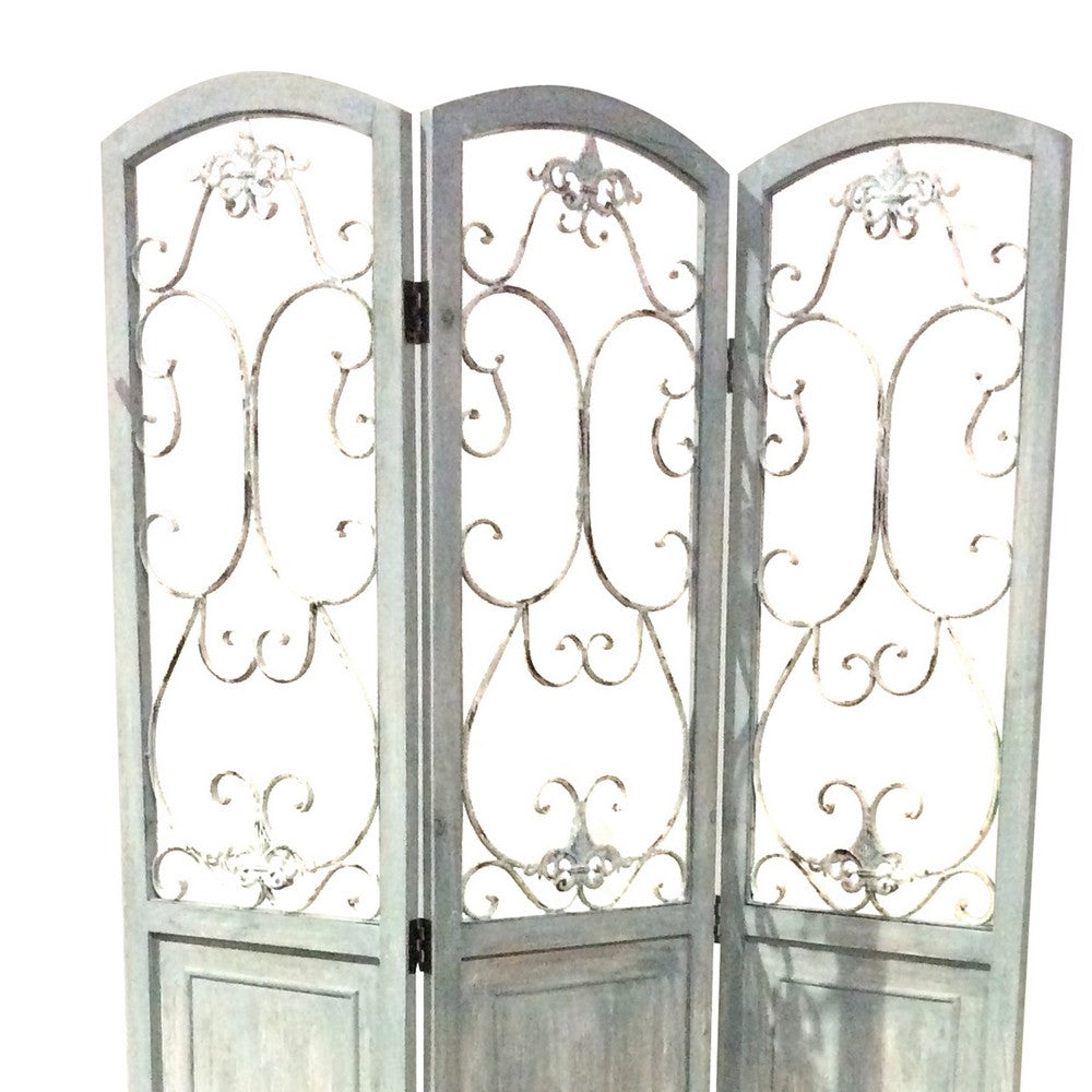 Wooden 3 Panel Foldable Screen with Metal Scrollwork Details, Blue - BM205408