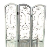 Wooden 3 Panel Foldable Screen with Metal Scrollwork Details, Blue - BM205408