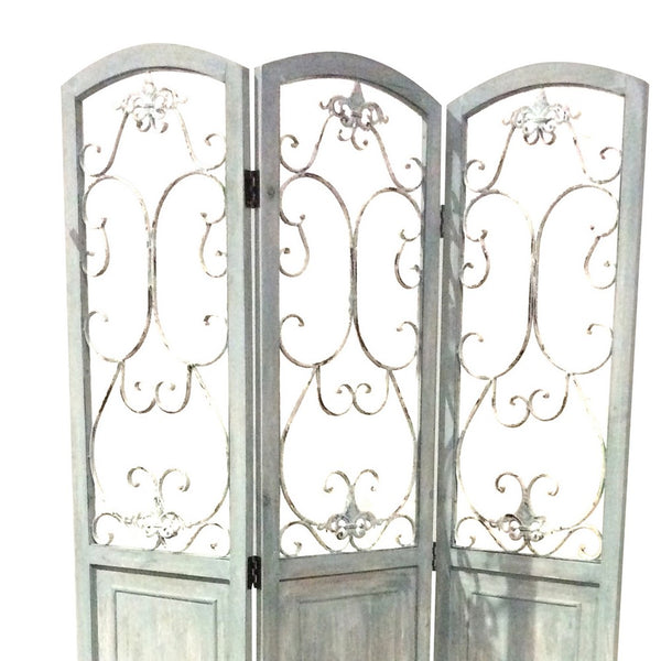 Wooden 3 Panel Foldable Screen with Metal Scrollwork Details, Blue - BM205408