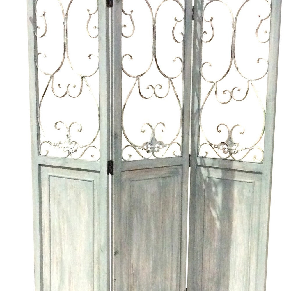 Wooden 3 Panel Foldable Screen with Metal Scrollwork Details, Blue - BM205408