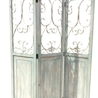 Wooden 3 Panel Foldable Screen with Metal Scrollwork Details, Blue - BM205408