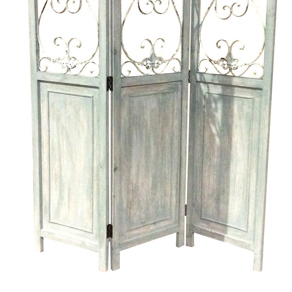 Wooden 3 Panel Foldable Screen with Metal Scrollwork Details, Blue - BM205408