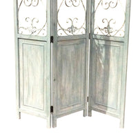Wooden 3 Panel Foldable Screen with Metal Scrollwork Details, Blue - BM205408