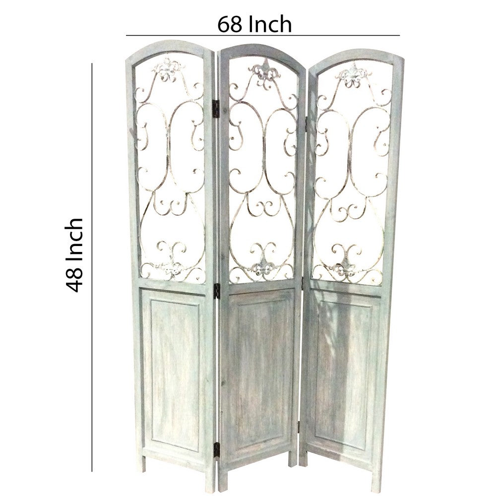 Wooden 3 Panel Foldable Screen with Metal Scrollwork Details, Blue - BM205408