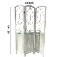 Wooden 3 Panel Foldable Screen with Metal Scrollwork Details, Blue - BM205408