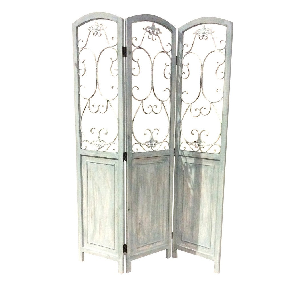 Wooden 3 Panel Foldable Screen with Metal Scrollwork Details, Blue - BM205408