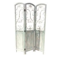 Wooden 3 Panel Foldable Screen with Metal Scrollwork Details, Blue - BM205408