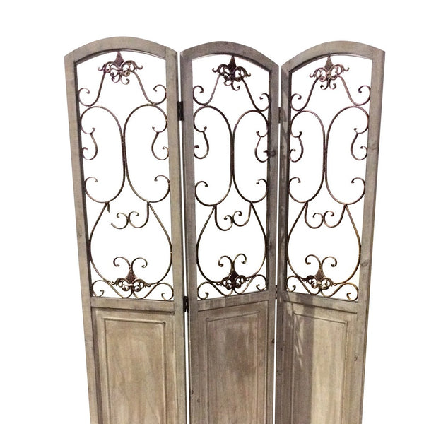 Wooden 3 Panel Foldable Screen with Metal Scrollwork Details, Brown - BM205409