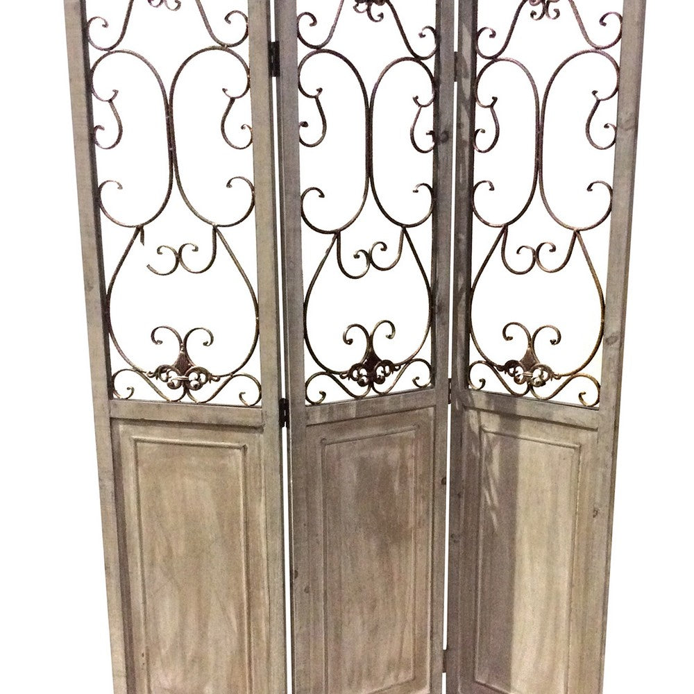 Wooden 3 Panel Foldable Screen with Metal Scrollwork Details, Brown - BM205409