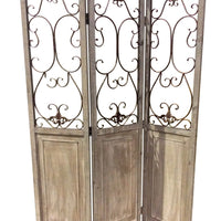 Wooden 3 Panel Foldable Screen with Metal Scrollwork Details, Brown - BM205409