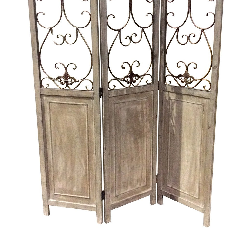 Wooden 3 Panel Foldable Screen with Metal Scrollwork Details, Brown - BM205409