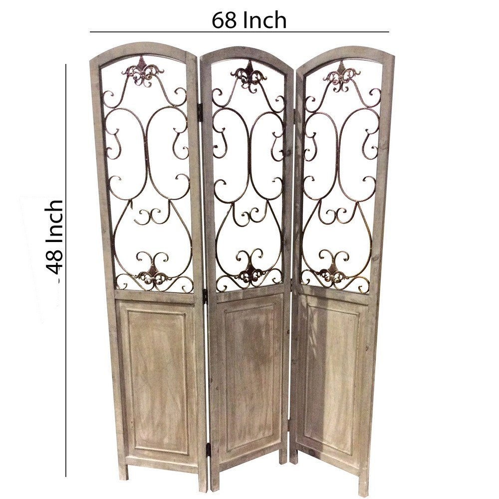 Wooden 3 Panel Foldable Screen with Metal Scrollwork Details, Brown - BM205409