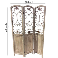Wooden 3 Panel Foldable Screen with Metal Scrollwork Details, Brown - BM205409