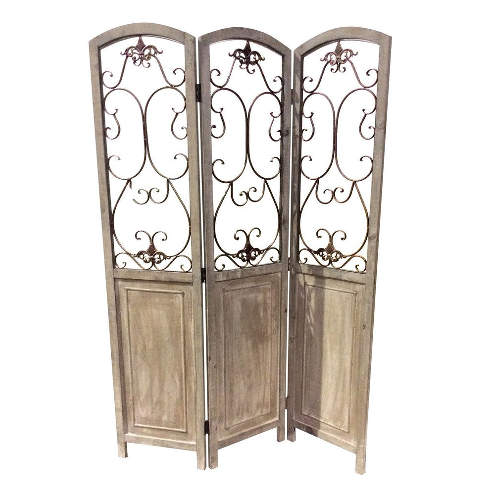 Wooden 3 Panel Foldable Screen with Metal Scrollwork Details, Brown - BM205409