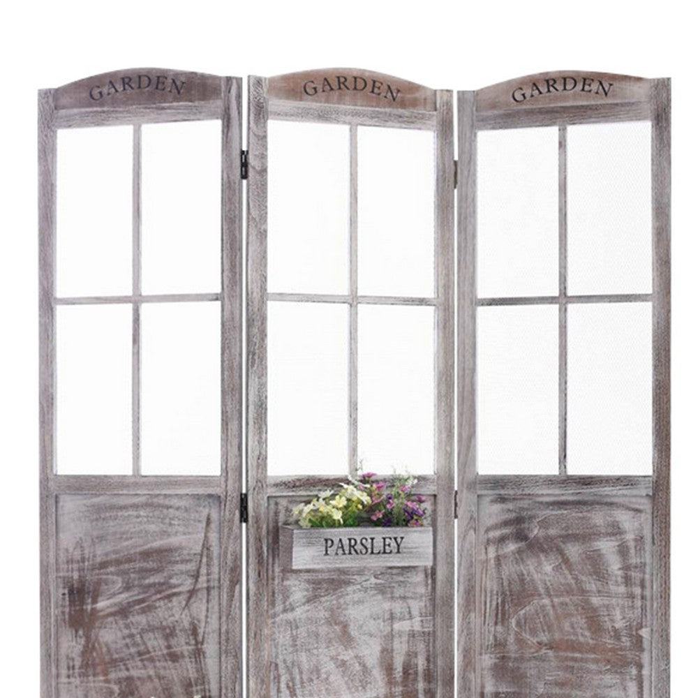 3 Panel Foldable Wooden Screen with Garden Design, Brown - BM205413