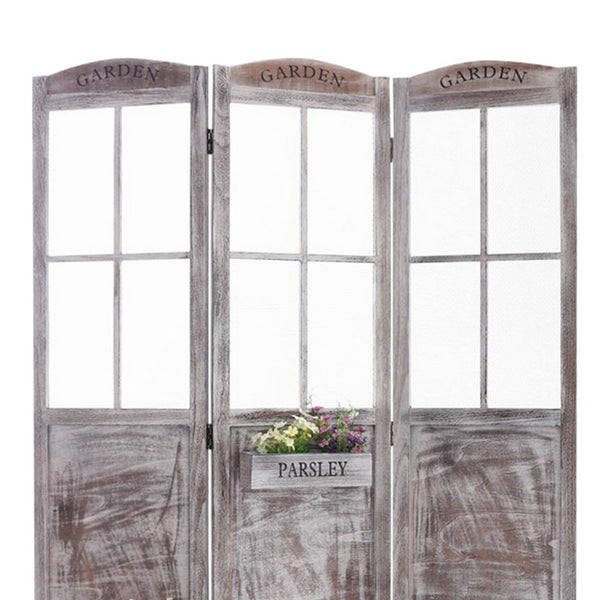 3 Panel Foldable Wooden Screen with Garden Design, Brown - BM205413