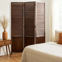 Traditional Foldable Wooden Shutter Screen with 3 Panels, Brown - BM205415