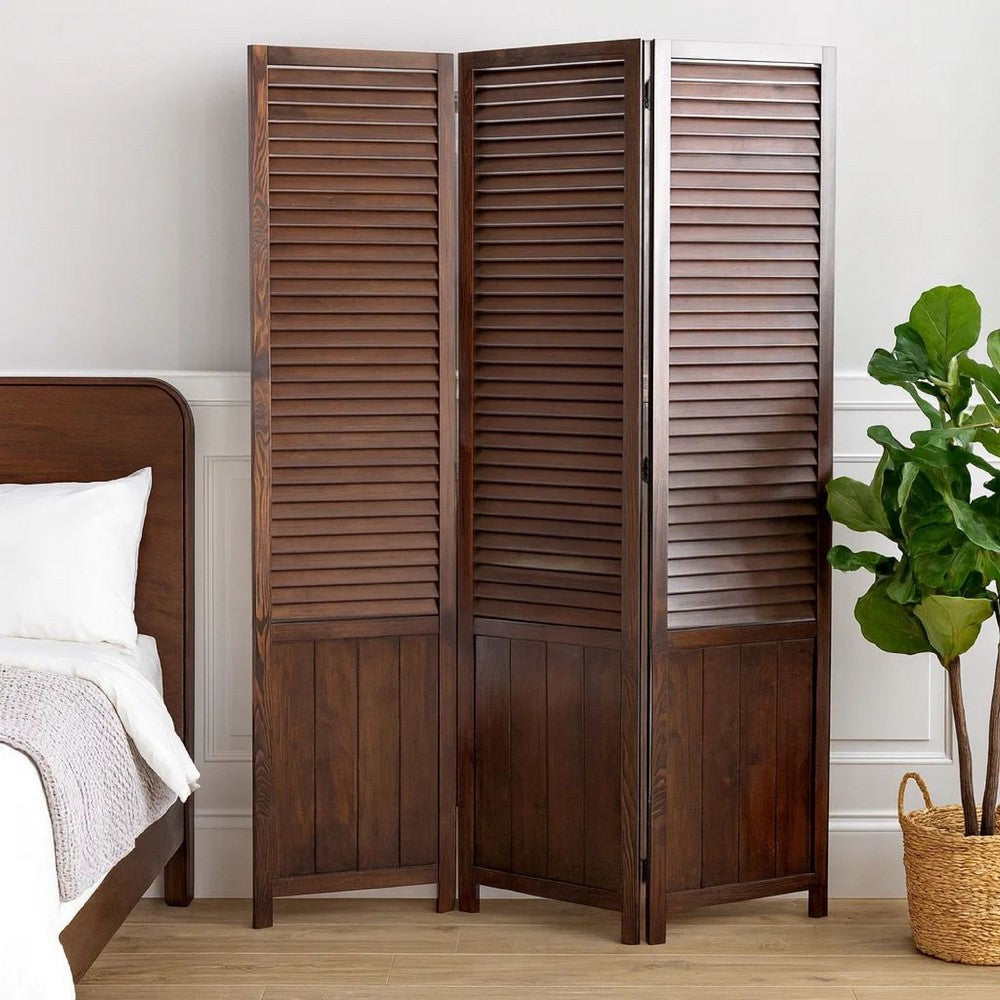 Traditional Foldable Wooden Shutter Screen with 3 Panels, Brown - BM205415