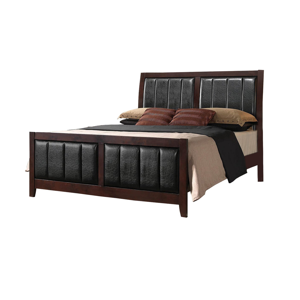 Leatherette Upholstered Wooden Eastern King Bed, Brown and Black-BM205443
