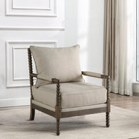 Cushioned Back Fabric Upholstered Spindle Accent Chair, Beige and Brown - BM205459