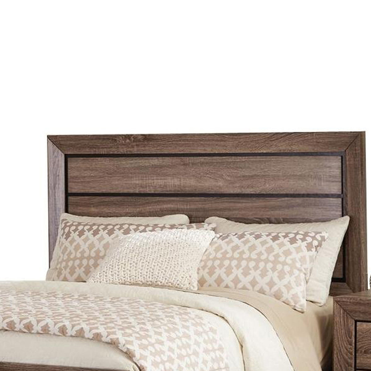 Transitional Style Eastern King Bed with Plank Headboard, Taupe Brown